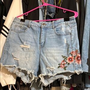 Wax Jean Blue Distressed Jean Shorts with Floral Embroidery